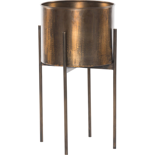 Jed Round Planter by Four Hands in weathered brass. Made from iron in a modern style.