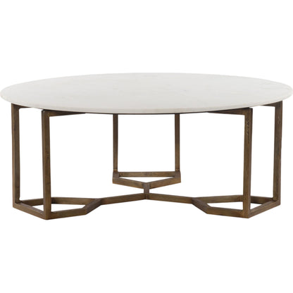 Naomi Coffee Table by Four Hands in raw brass, polished white marble. Made from solid marble, aluminum, engineered hardwood in a modern style.