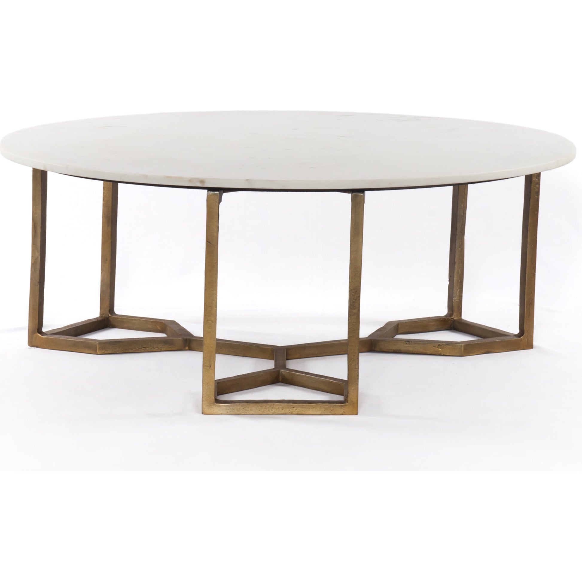 Naomi Coffee Table by Four Hands in raw brass, polished white marble. Made from solid marble, aluminum, engineered hardwood in a modern style.
