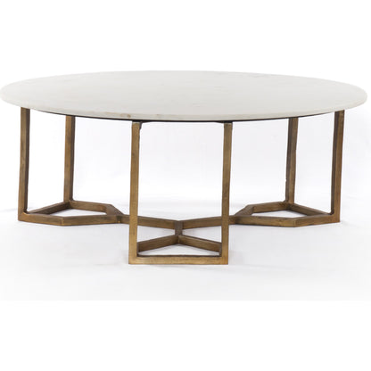 Naomi Coffee Table by Four Hands in raw brass, polished white marble. Made from solid marble, aluminum, engineered hardwood in a modern style.