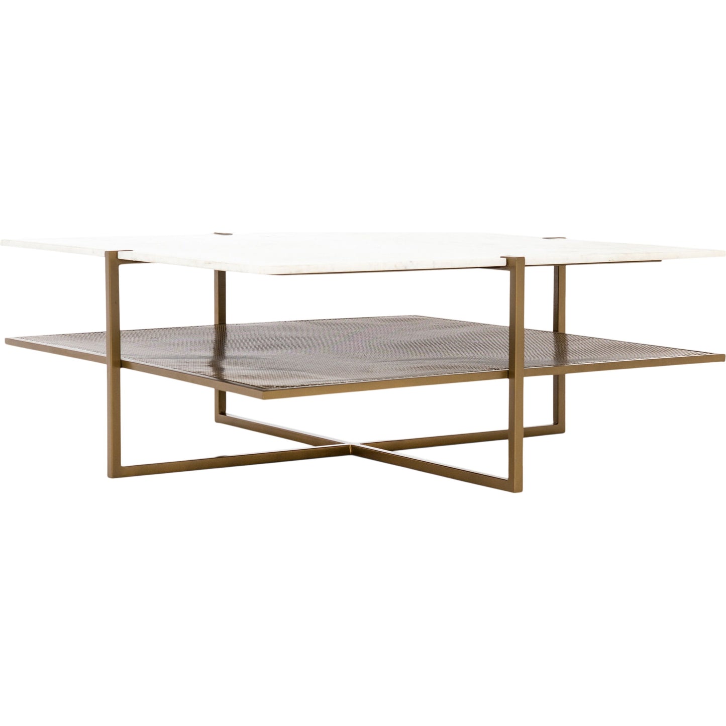 000 SI-1716308 | Primary Silo | Olivia Square Coffee Table by Four Hands in antique brass, polished white marble and antique brass. Made from solid marble, iron, engineered hardwood in a modern style.