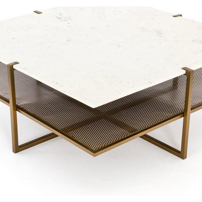 Olivia Square Coffee Table by Four Hands in antique brass, polished white marble and antique brass. Made from solid marble, iron, engineered hardwood in a modern style.