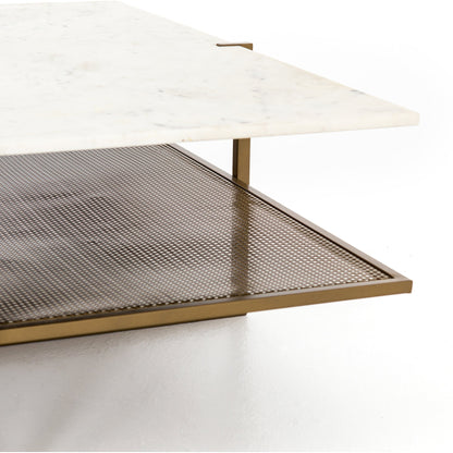 Olivia Square Coffee Table by Four Hands in antique brass, polished white marble and antique brass. Made from solid marble, iron, engineered hardwood in a modern style.