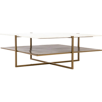 Olivia Square Coffee Table by Four Hands in antique brass, polished white marble and antique brass. Made from solid marble, iron, engineered hardwood in a modern style.