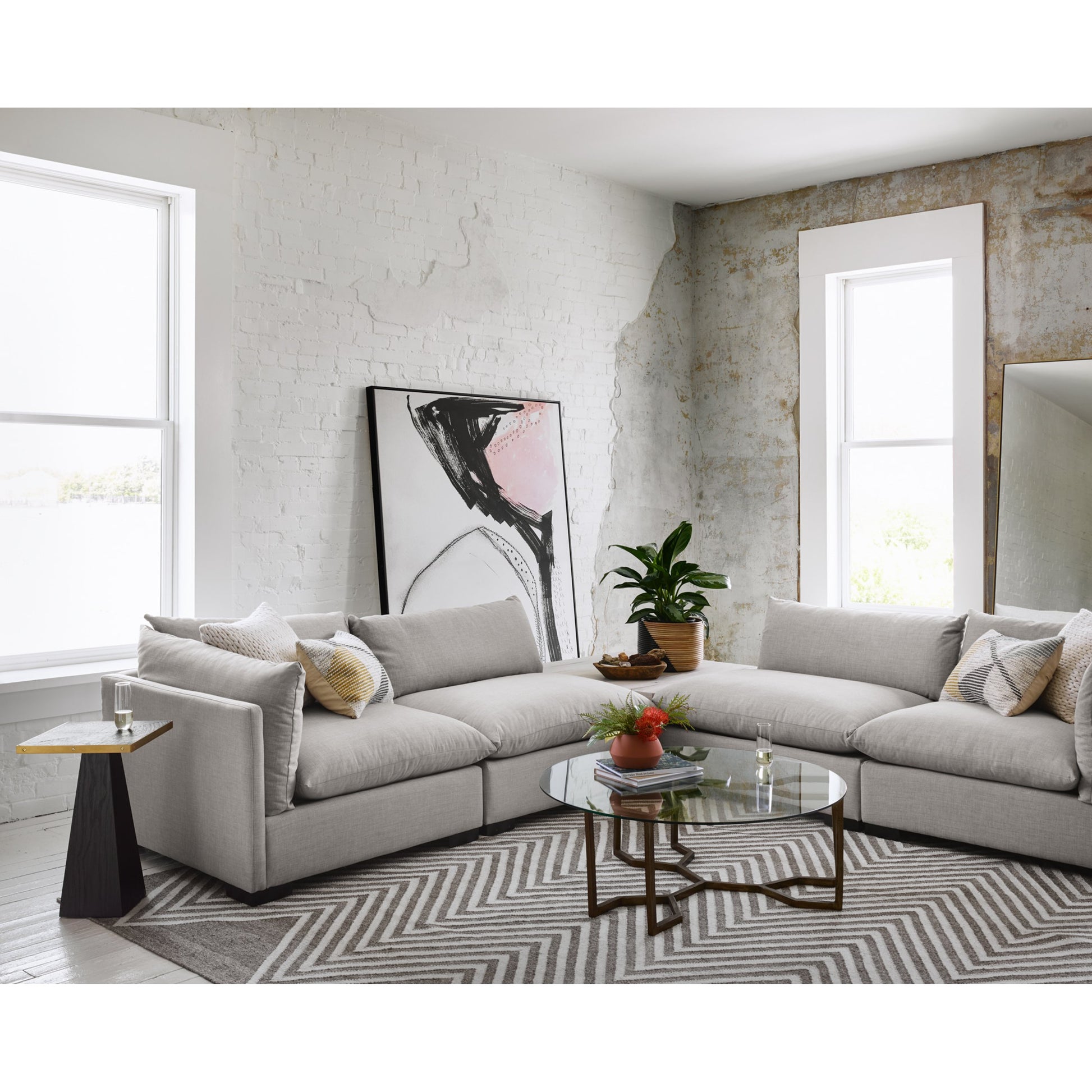 Naomi Coffee Table by Four Hands in raw brass, polished white marble. Made from solid marble, aluminum, engineered hardwood in a modern style.