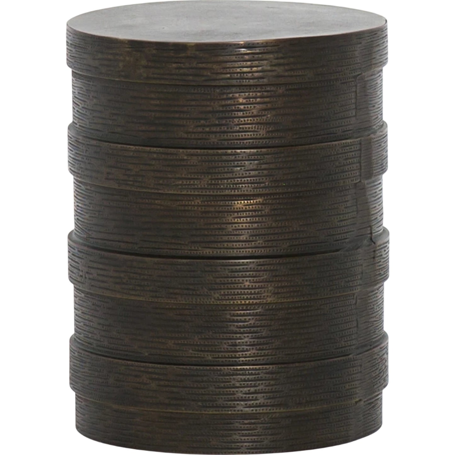 000 SI-1717010 | Primary Silo | Trello Drum End Table by Four Hands in textured brass. Made from aluminum in a modern style.