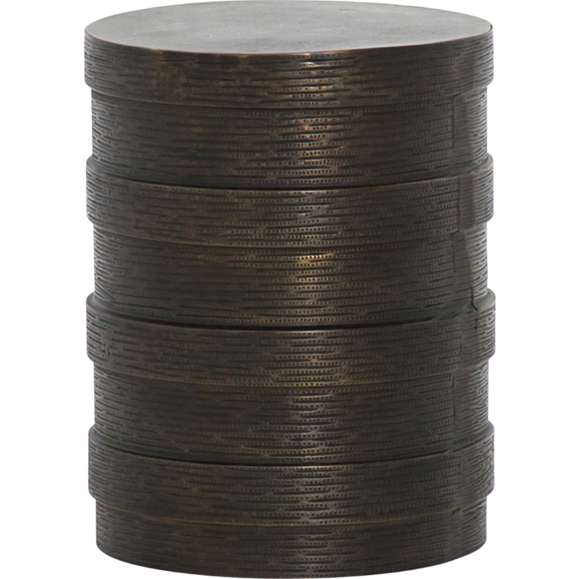 Trello Drum End Table by Four Hands in textured brass. Made from aluminum in a modern style.