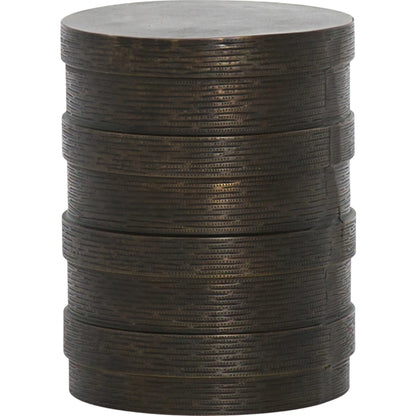 Trello Drum End Table by Four Hands in textured brass. Made from aluminum in a modern style.