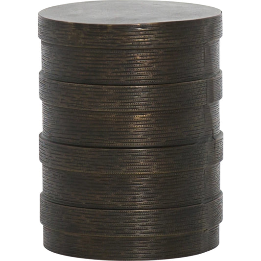Trello Drum End Table by Four Hands in textured brass. Made from aluminum in a modern style.