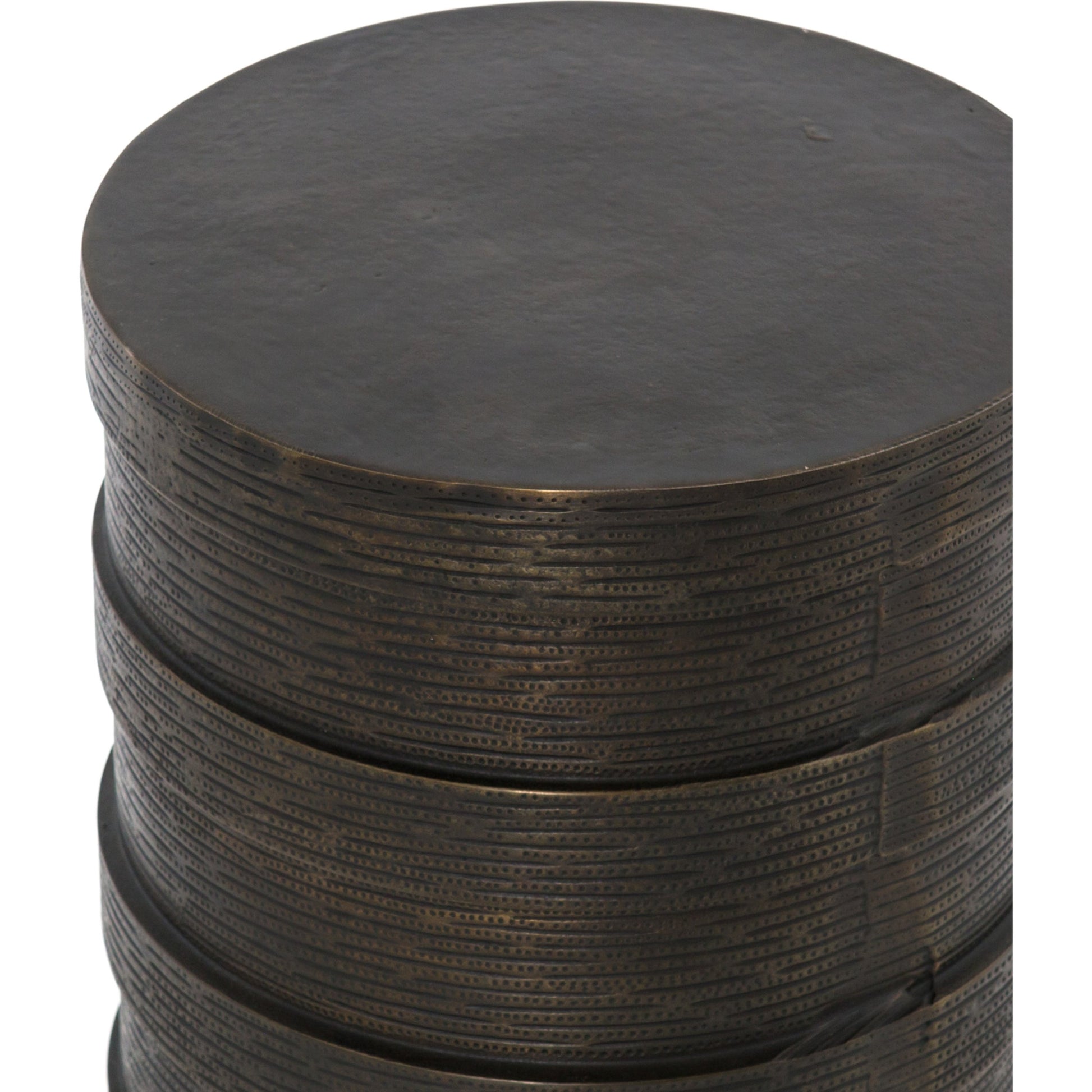 Trello Drum End Table by Four Hands in textured brass. Made from aluminum in a modern style.