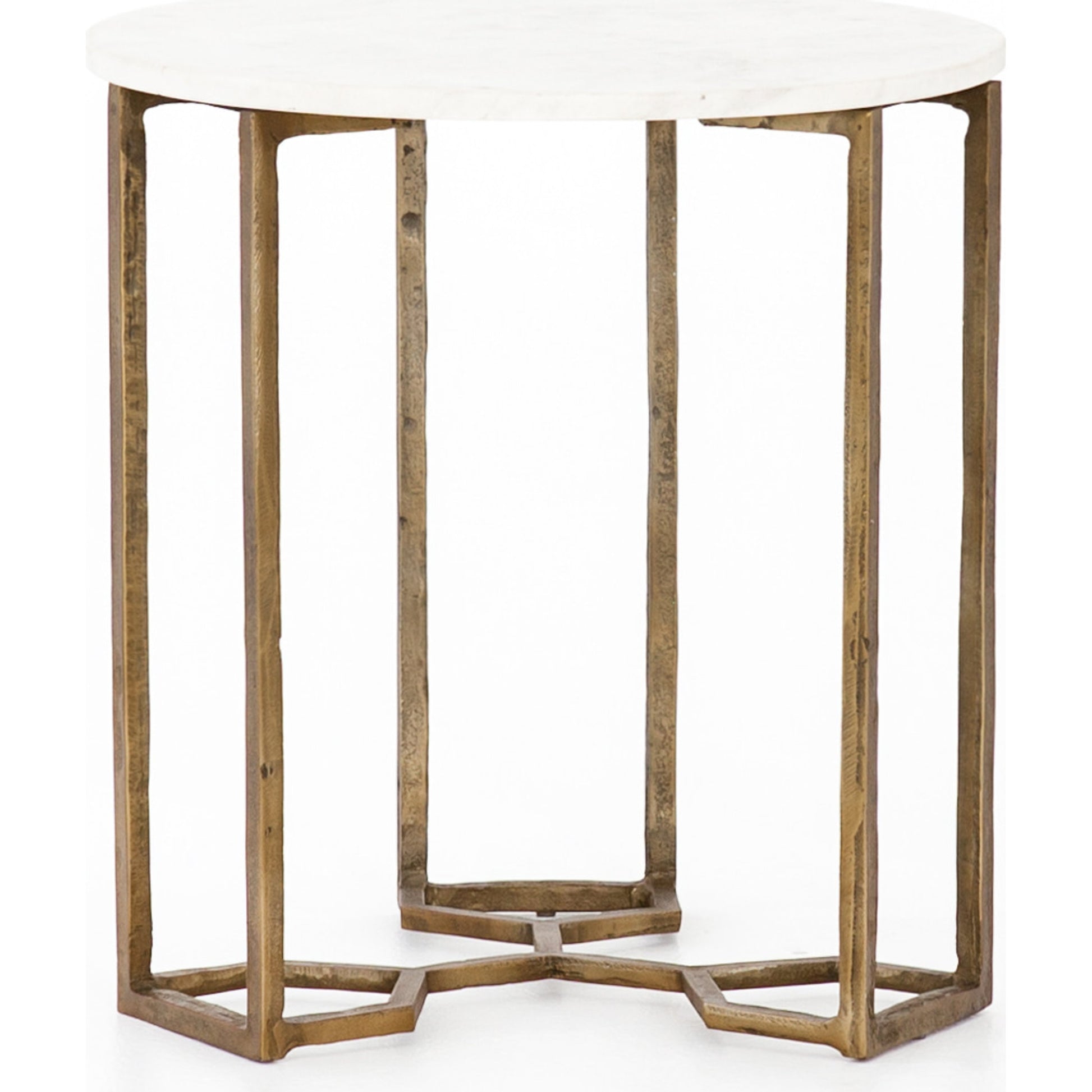 Naomi Marble End Table by Four Hands in raw brass, polished white marble. Made from solid marble, aluminum, engineered hardwood in a modern style.