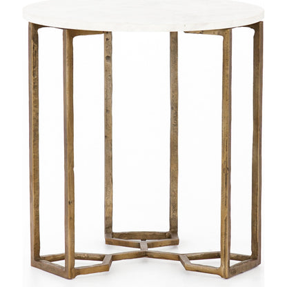 Naomi Marble End Table by Four Hands in raw brass, polished white marble. Made from solid marble, aluminum, engineered hardwood in a modern style.