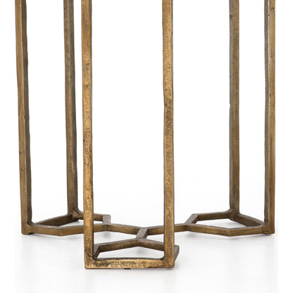 Naomi Marble End Table by Four Hands in raw brass, polished white marble. Made from solid marble, aluminum, engineered hardwood in a modern style.