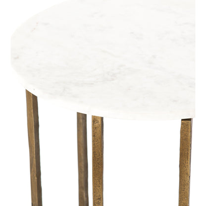 Naomi Marble End Table by Four Hands in raw brass, polished white marble. Made from solid marble, aluminum, engineered hardwood in a modern style.