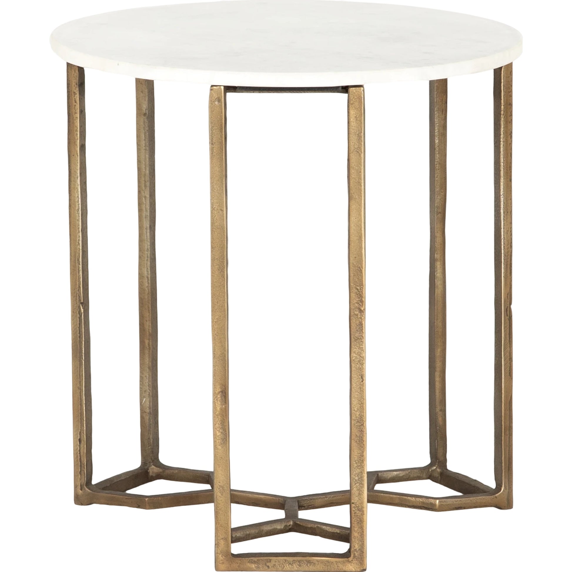 Naomi Marble End Table by Four Hands in raw brass, polished white marble. Made from solid marble, aluminum, engineered hardwood in a modern style.