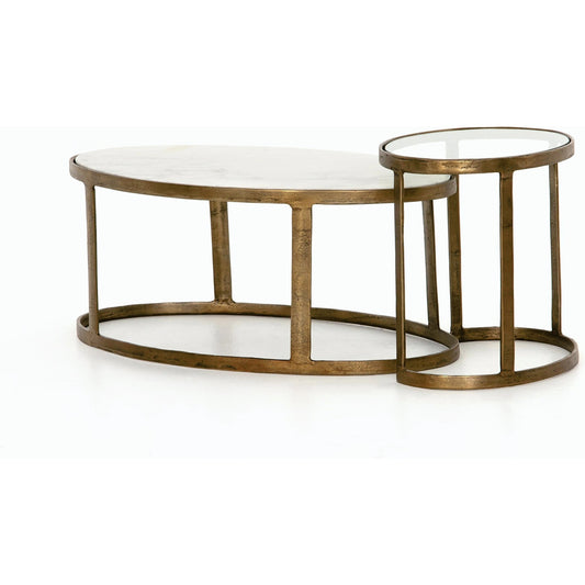 Calder Nesting Coffee Table by Four Hands in raw brass. Made from tempered glass, aluminum, engineered hardwood in a modern style.
