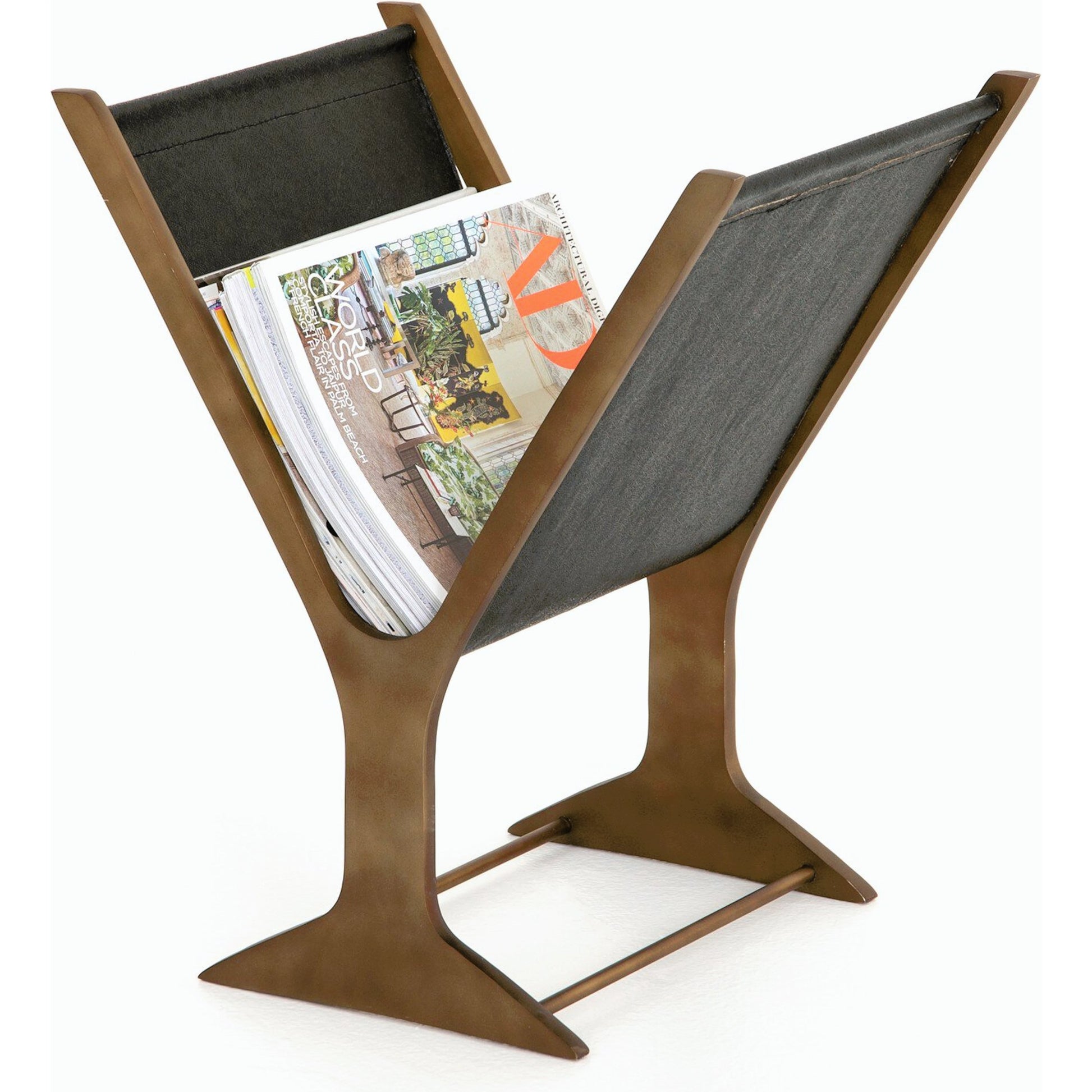 Feldman Magazine Rack by Four Hands in rustic brass, perforated black. Made from aluminum, faux leather in a cottage & farmhouse style.