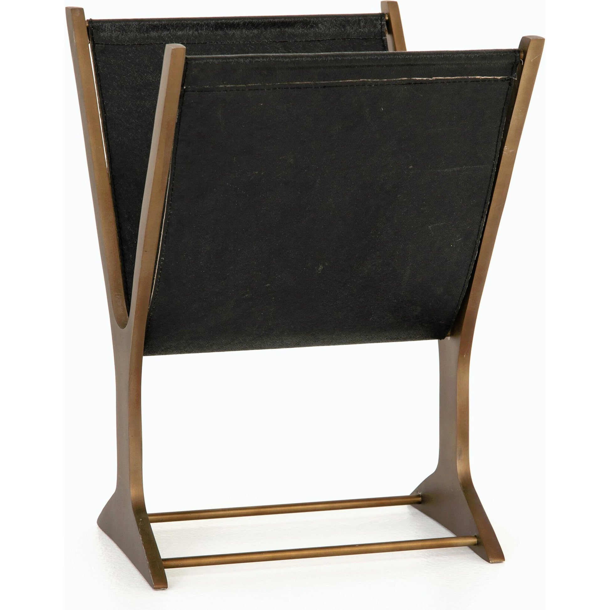 Feldman Magazine Rack by Four Hands in rustic brass, perforated black. Made from aluminum, faux leather in a cottage & farmhouse style.