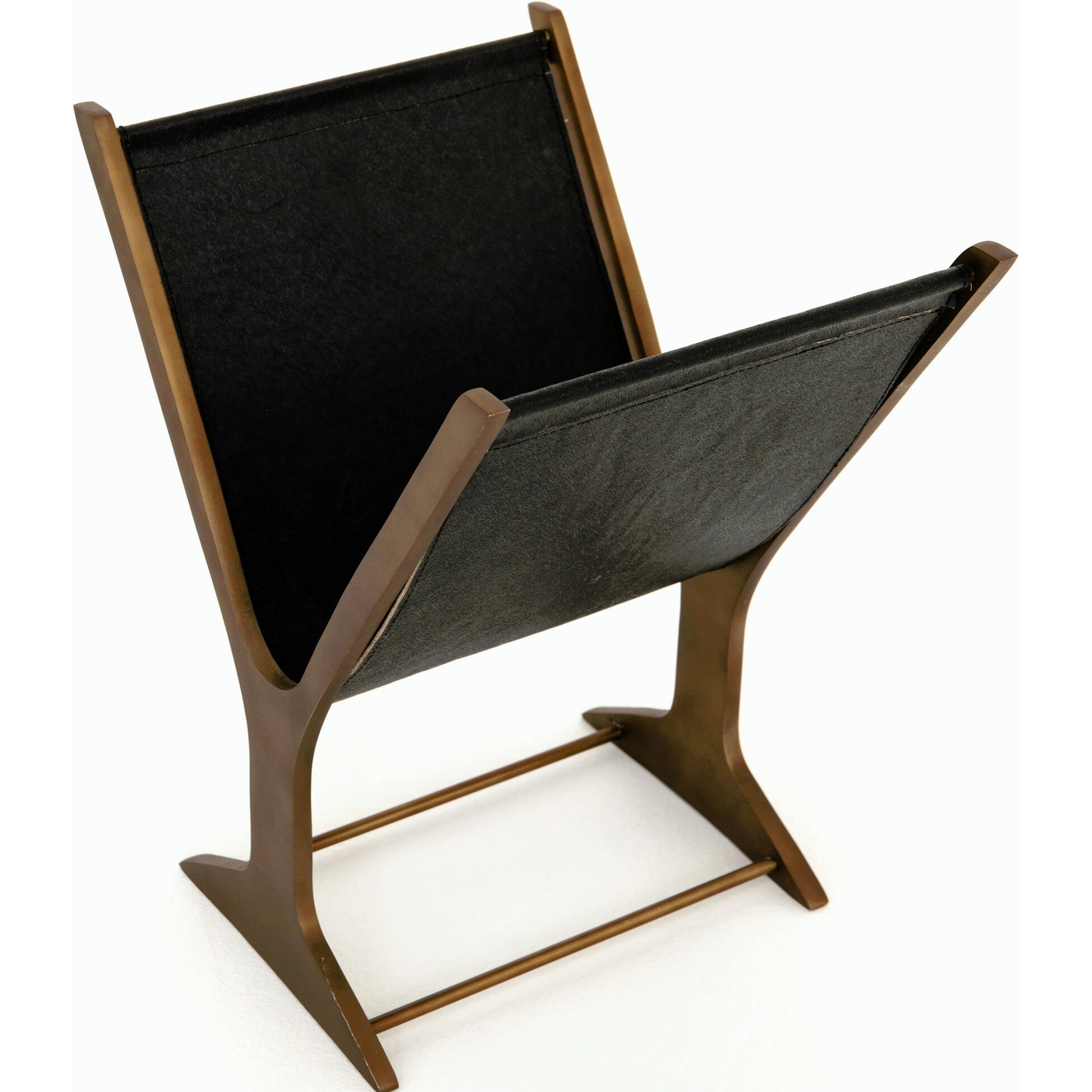 Feldman Magazine Rack by Four Hands in rustic brass, perforated black. Made from aluminum, faux leather in a cottage & farmhouse style.