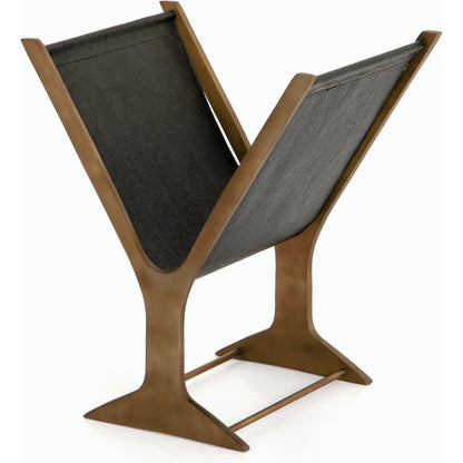 Feldman Magazine Rack by Four Hands in rustic brass, perforated black. Made from aluminum, faux leather in a cottage & farmhouse style.