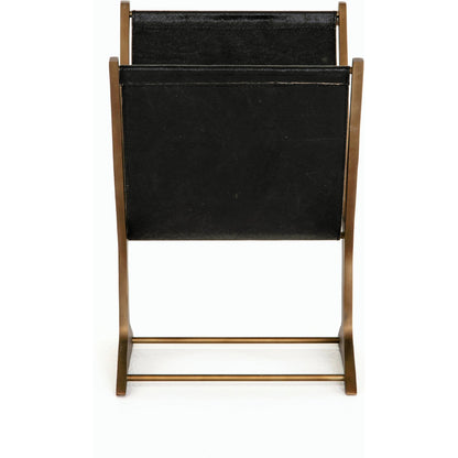 Feldman Magazine Rack by Four Hands in rustic brass, perforated black. Made from aluminum, faux leather in a cottage & farmhouse style.