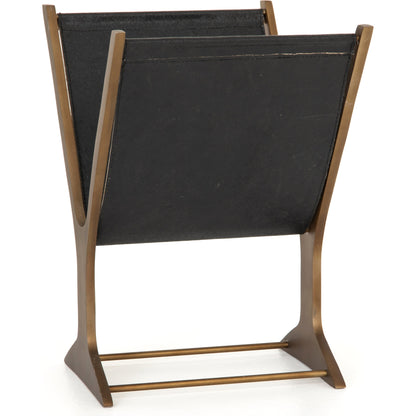 Feldman Magazine Rack by Four Hands in rustic brass, perforated black. Made from aluminum, faux leather in a cottage & farmhouse style.