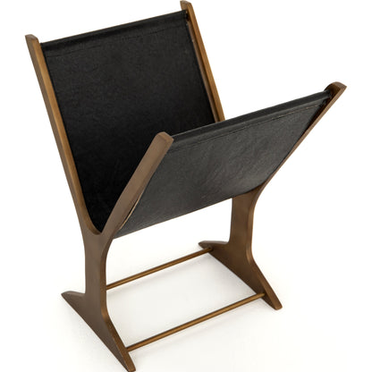 Feldman Magazine Rack by Four Hands in rustic brass, perforated black. Made from aluminum, faux leather in a cottage & farmhouse style.