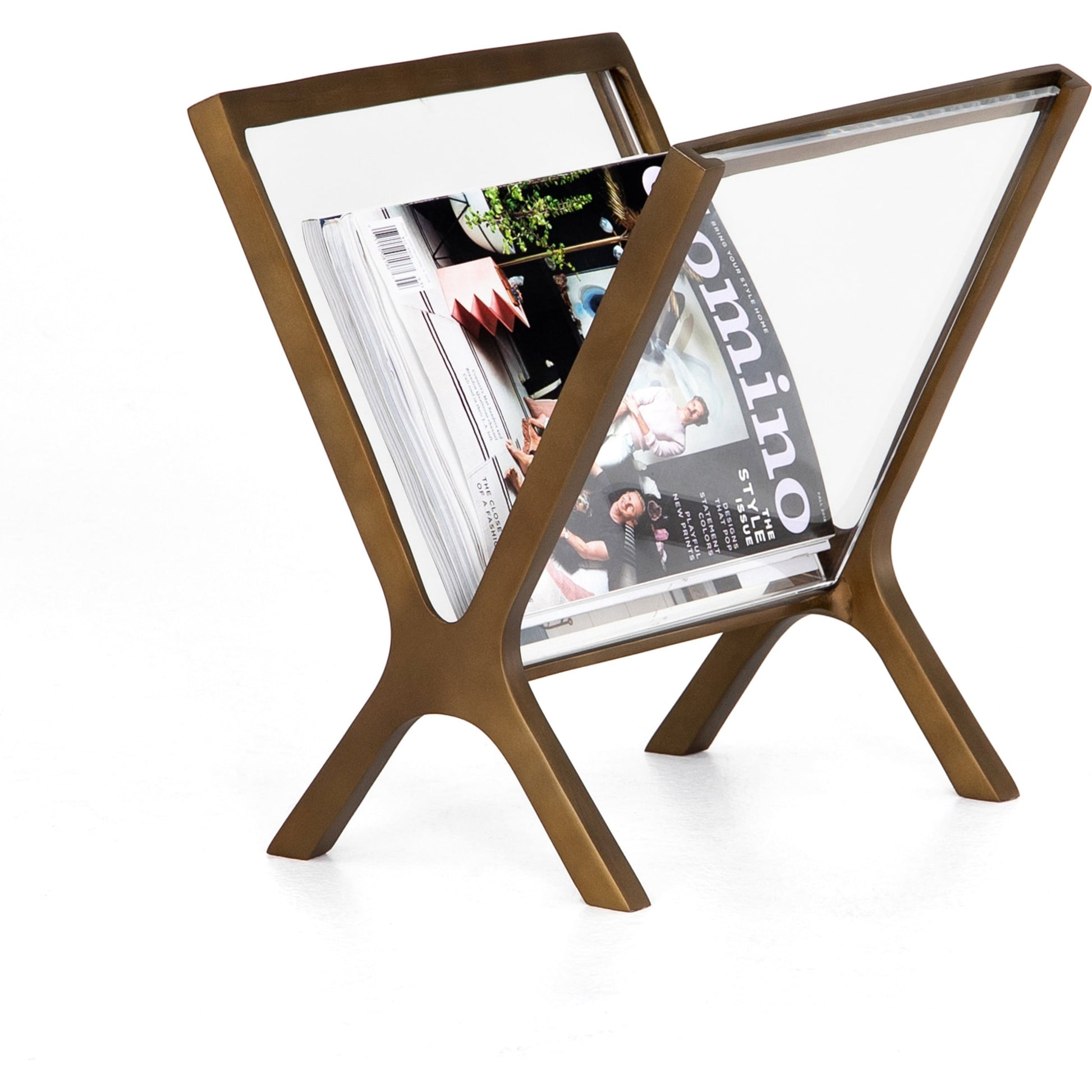 Feldman Magazine Rack by Four Hands in rustic brass, perforated black. Made from aluminum, faux leather in a cottage & farmhouse style.