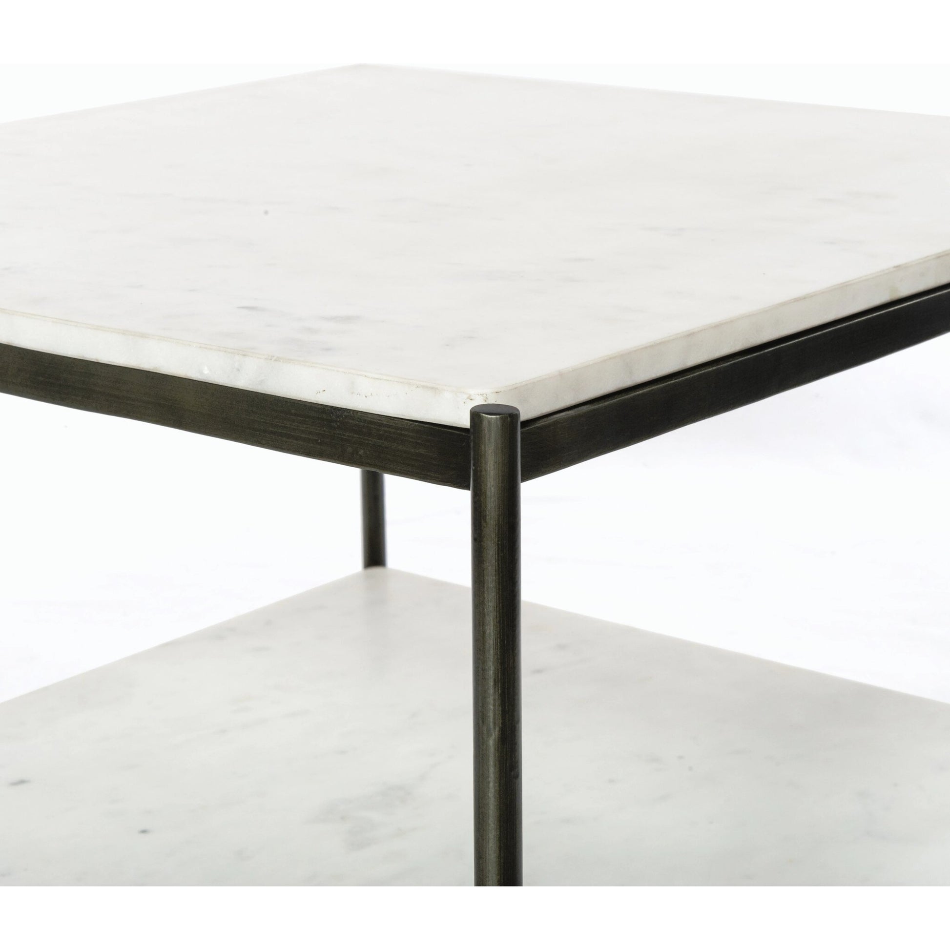 Felix Bunching Table by Four Hands in hammered grey w/clear powder coat, polished white marble and hammered gray, polished white marble. Made from solid marble, iron in a modern style.