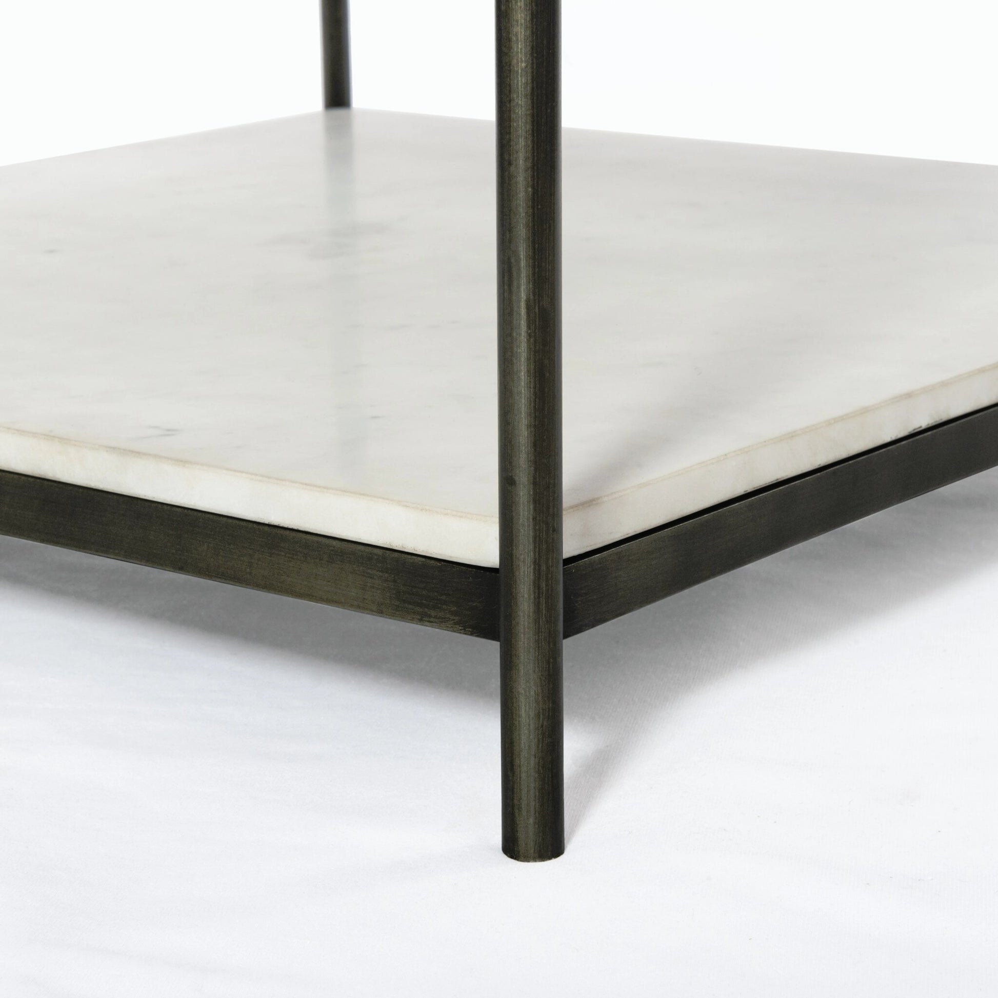 Felix Bunching Table by Four Hands in hammered grey w/clear powder coat, polished white marble and hammered gray, polished white marble. Made from solid marble, iron in a modern style.