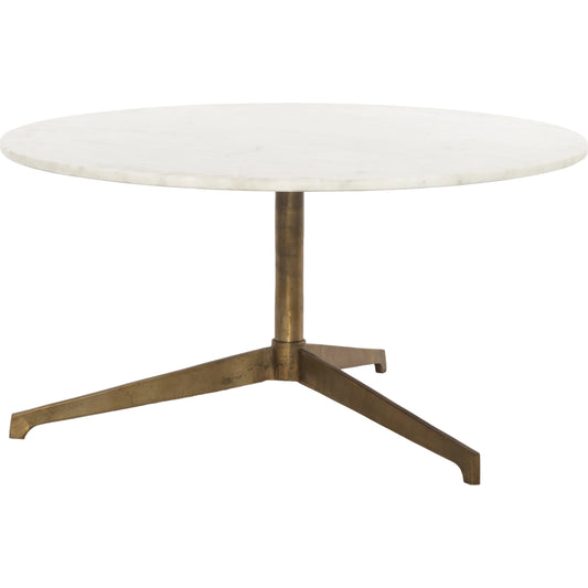 Helen Round Coffee Table by Four Hands in raw brass, polished white marble. Made from solid marble, aluminum, engineered hardwood in a modern style.