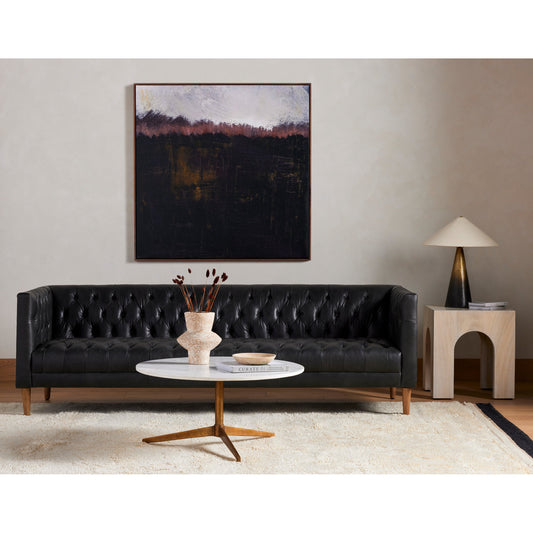 Helen Round Coffee Table by Four Hands in raw brass, polished white marble. Made from solid marble, aluminum, engineered hardwood in a modern style.