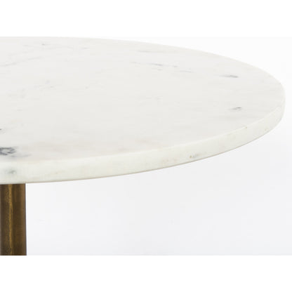 Helen End Table by Four Hands in raw brass, polished white marble. Made from solid marble, aluminum in a modern style.