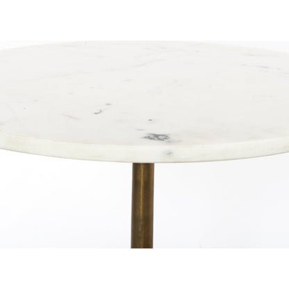 Helen End Table by Four Hands in raw brass, polished white marble. Made from solid marble, aluminum in a modern style.