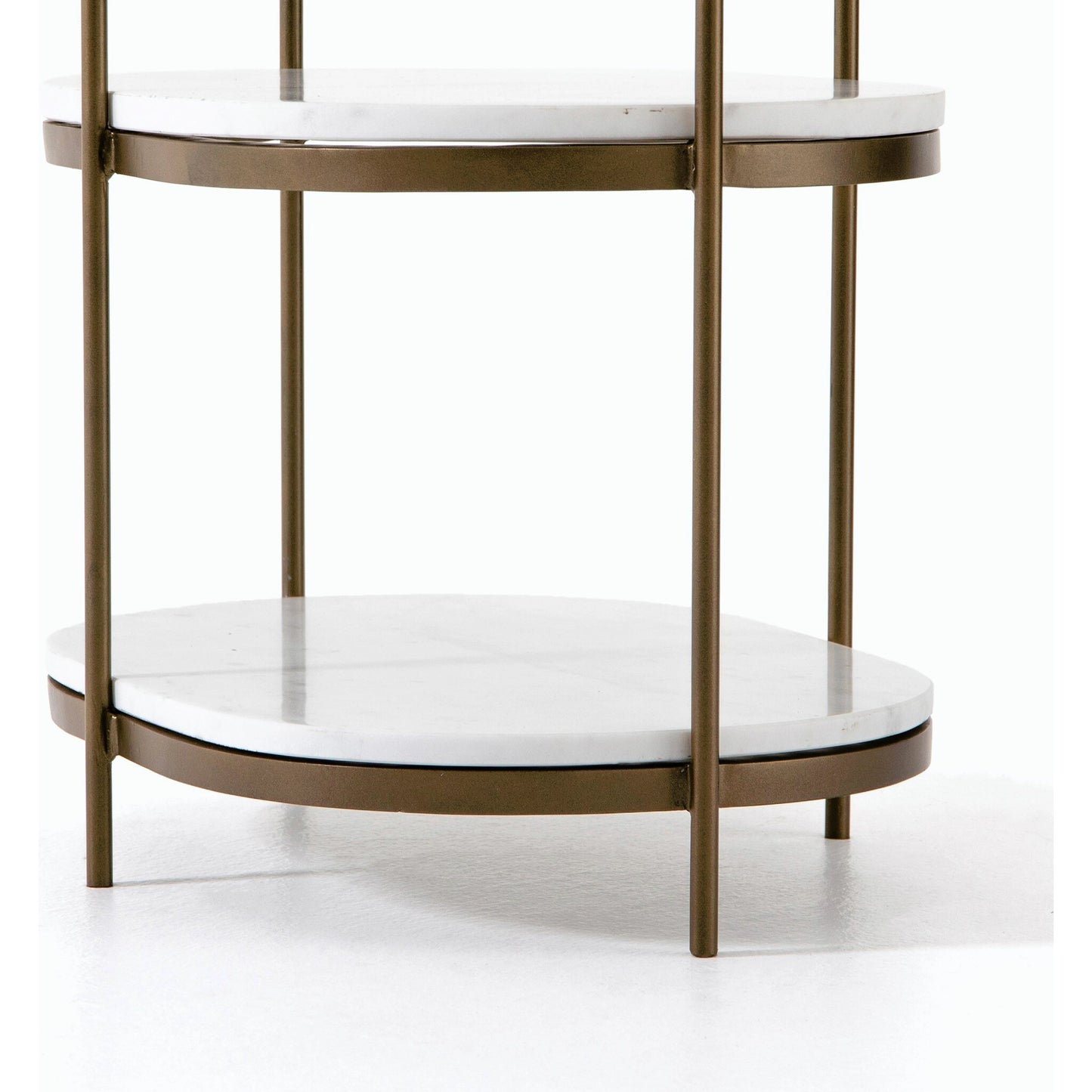 037 SI-1715263 | Closeup | Felix Oval Nightstand by Four Hands in antique brass, polished white marble. Made from iron, solid marble in a modern style.