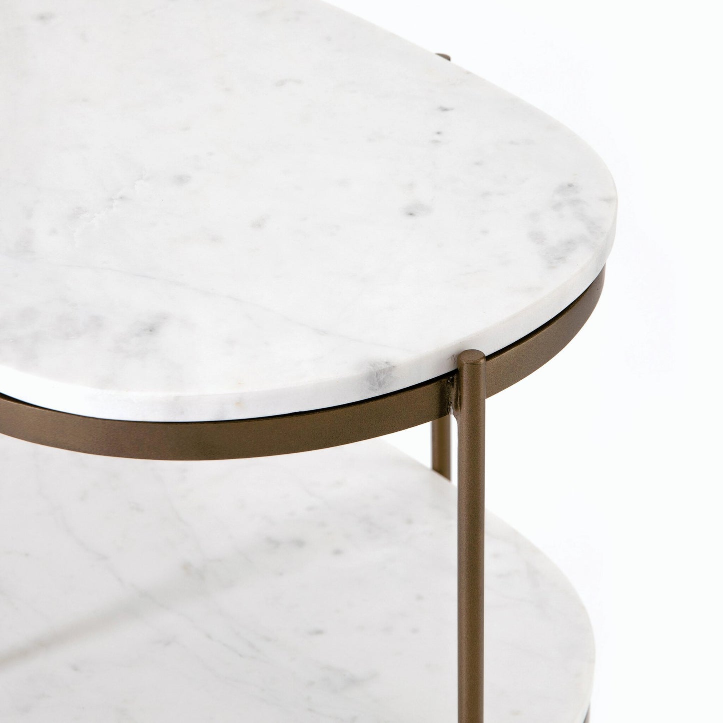 038 SI-1715263 | Closeup | Felix Oval Nightstand by Four Hands in antique brass, polished white marble. Made from iron, solid marble in a modern style.