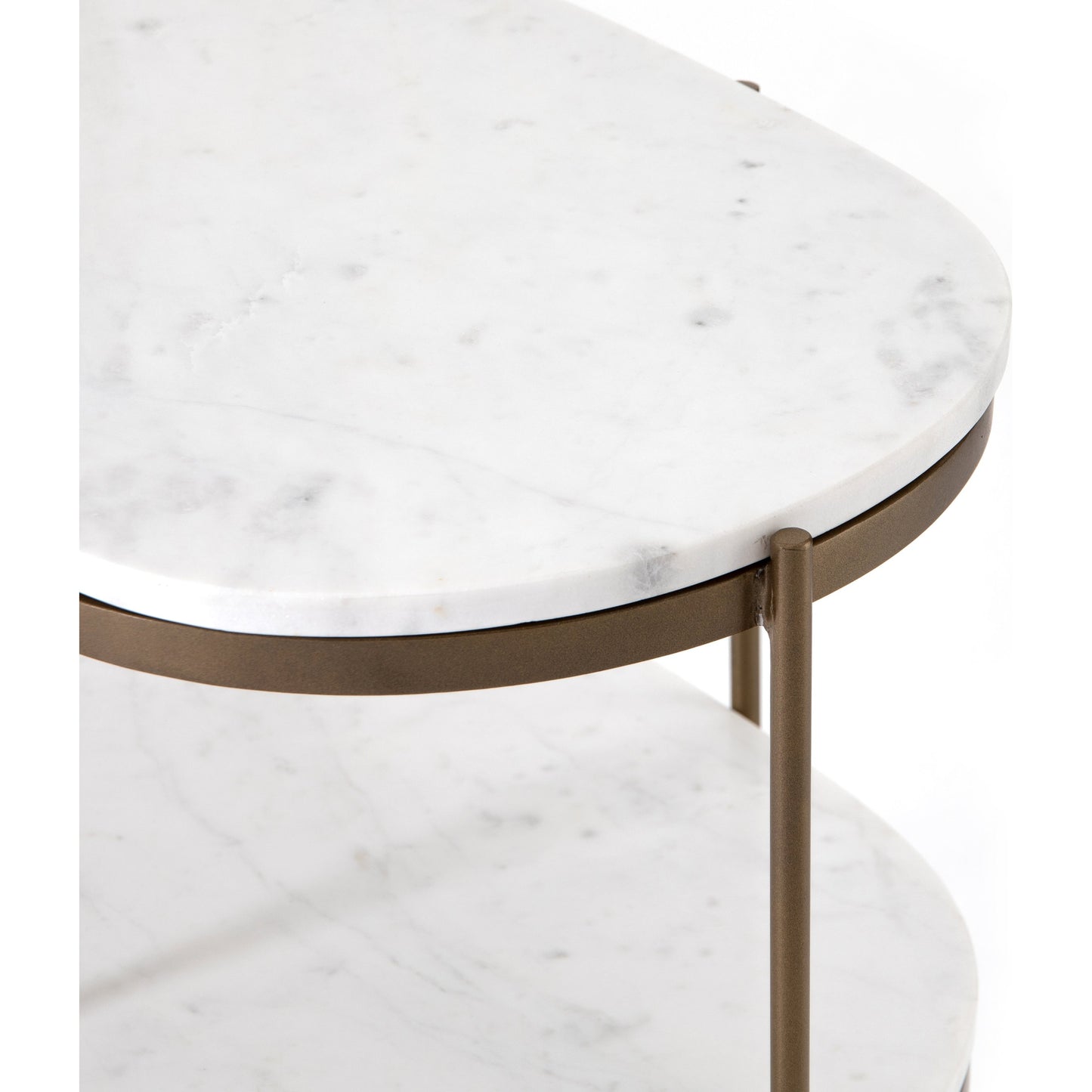 012 SI-1715263 | Additional Silo | Felix Oval Nightstand by Four Hands in antique brass, polished white marble. Made from iron, solid marble in a modern style.