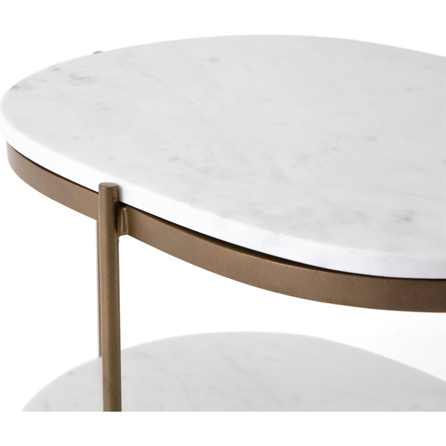 014 SI-1715263 | Additional Silo | Felix Oval Nightstand by Four Hands in antique brass, polished white marble. Made from iron, solid marble in a modern style.