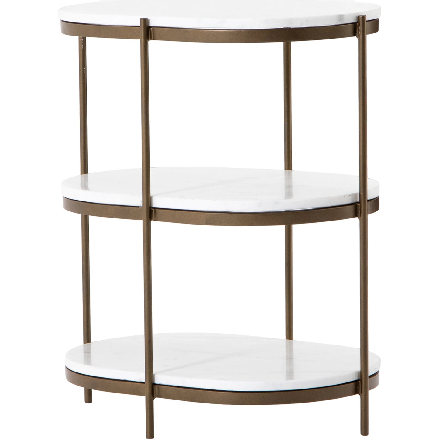 001 SI-1715263 | Primary Silo | Felix Oval Nightstand by Four Hands in antique brass, polished white marble. Made from iron, solid marble in a modern style.