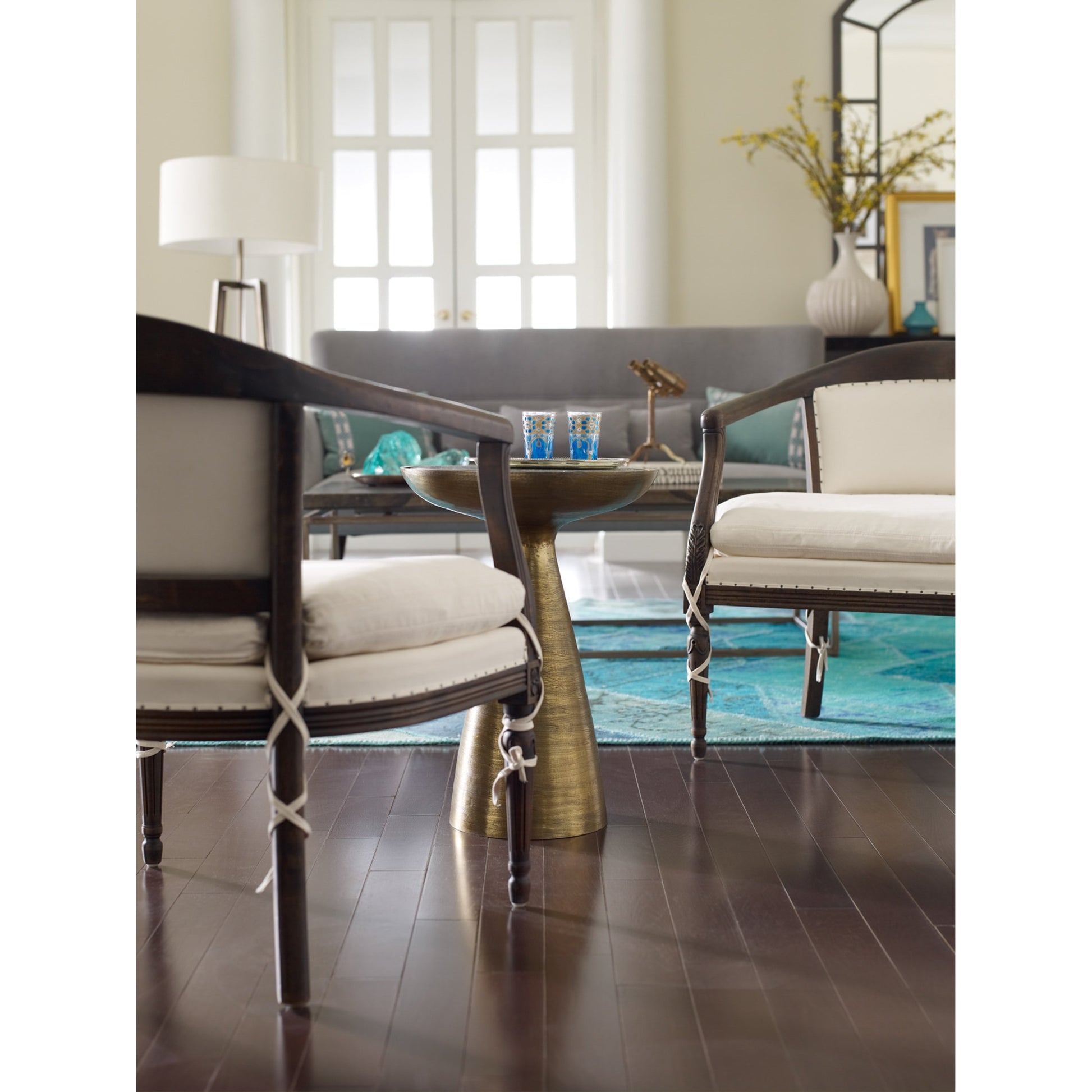 Marlow Mod Pedestal Table by Four Hands. Made from glass, aluminum, engineered hardwood in a modern style.