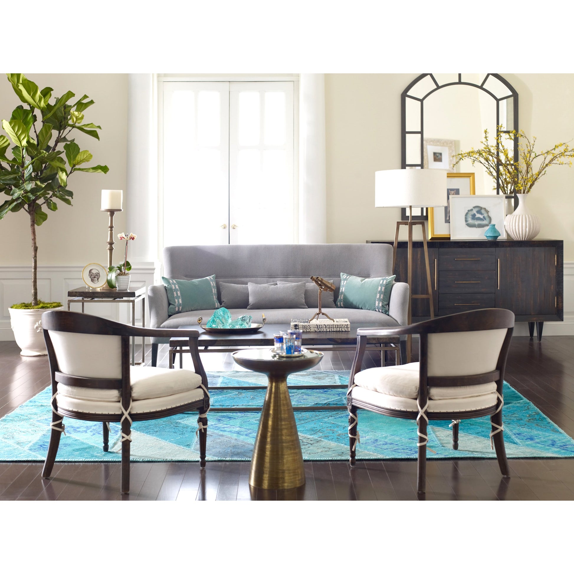 Marlow Mod Pedestal Table by Four Hands. Made from glass, aluminum, engineered hardwood in a modern style.