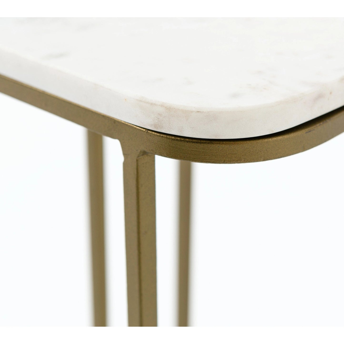 010 S-279142 | Closeup | Adalley C Table by Four Hands in iron matte brass, polished white marble. Made from solid marble, iron in a modern style.