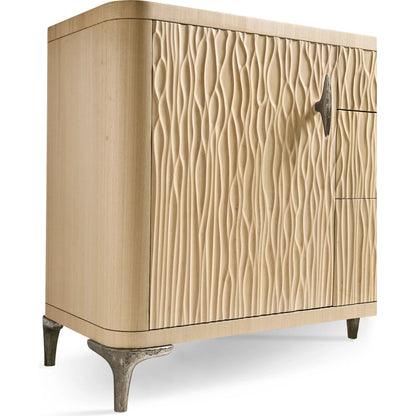 Water Breaker Mixed Media Credenza by Jonathan Charles in beige and ash blonde. Made from dyed koto veneer, bone, leather, metal in a transitional style.