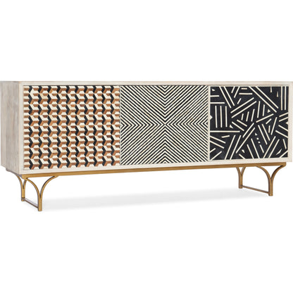 Commerce & Market Jaiden Three Door Credenza by Hooker Furniture in light wood. Made from mango wood with bone inlay, iron in a modern style.
