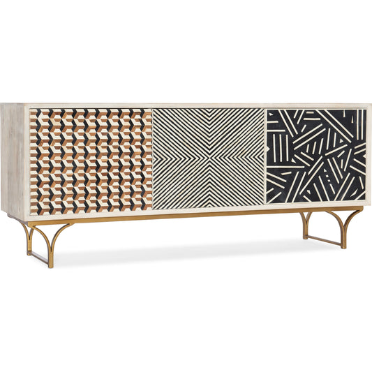 Commerce & Market Jaiden Three Door Credenza by Hooker Furniture in light wood. Made from mango wood with bone inlay, iron in a modern style.