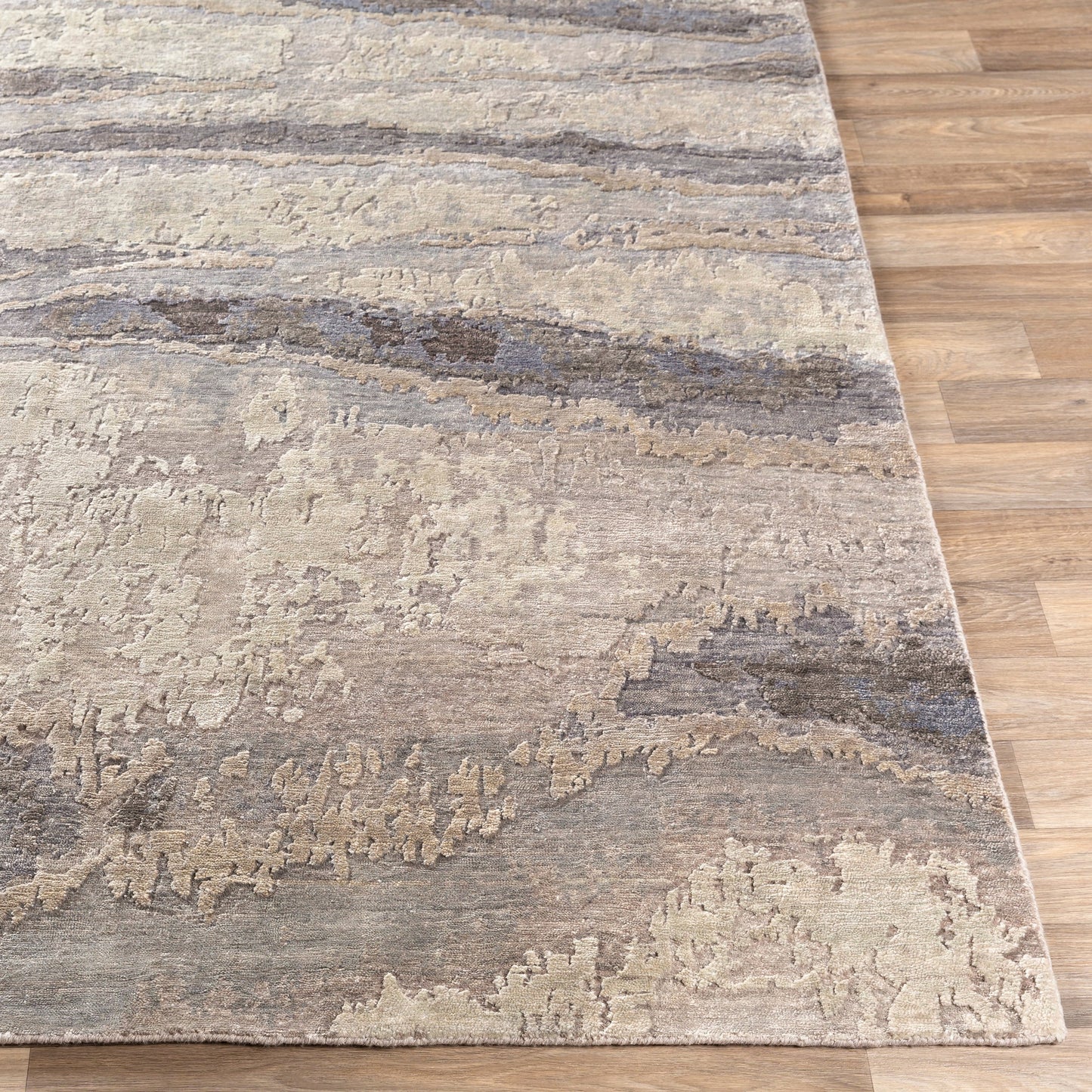 005 SI-1882766,SI-1882767,SI-1882768,SI-1882769 | Closeup | Imola Rug - 23601 by Surya in denim, charcoal, dark brown, medium gray, light gray. Made from 100% viscose in a unique style.