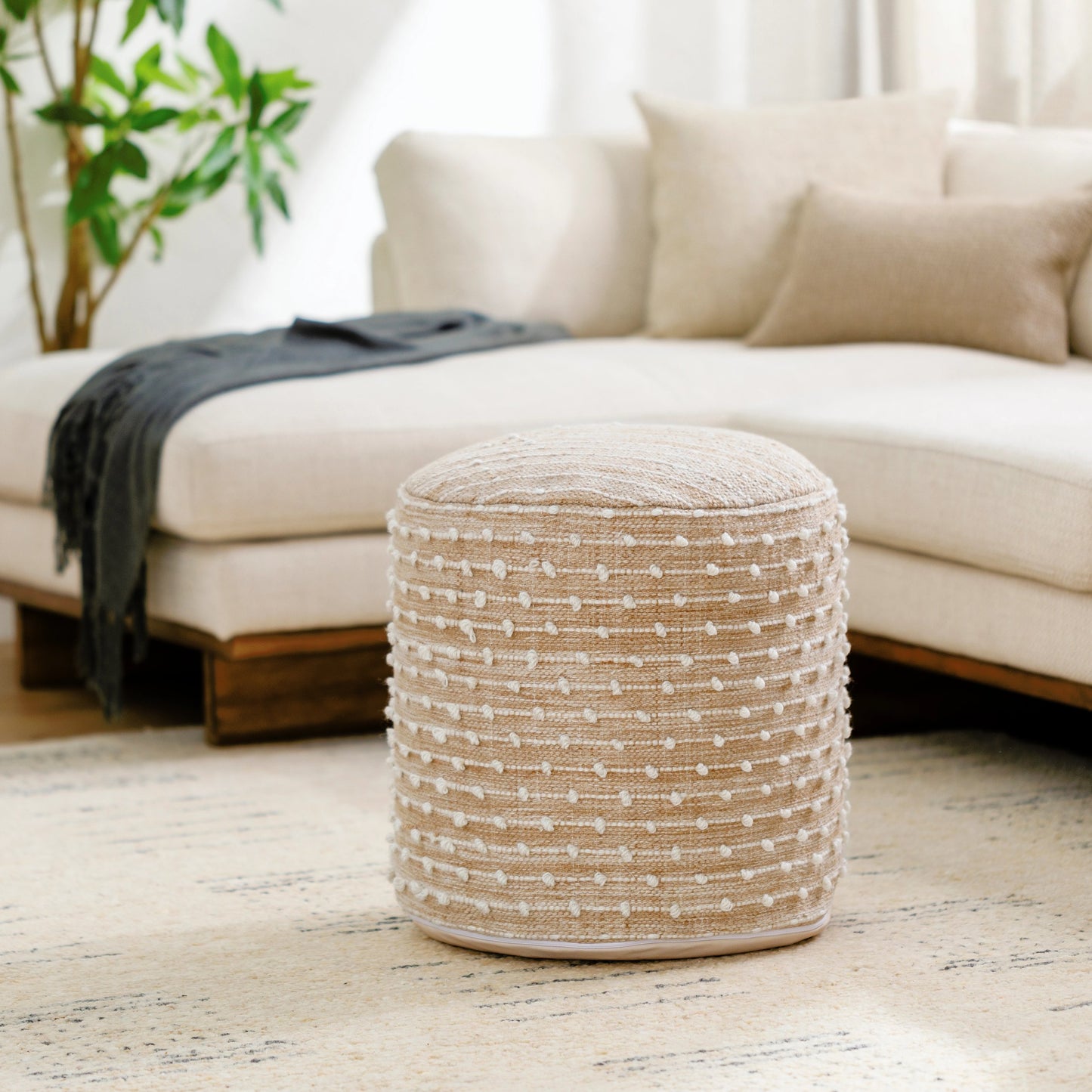004 SI-2050616 | Lifestyle | Imani Indoor/Outdoor Throw by Surya in khaki. Made from top: 100% recycled pet yarn, bottom: 100% polyester, fill: 100% polybeads in a cottage & farmhouse style.