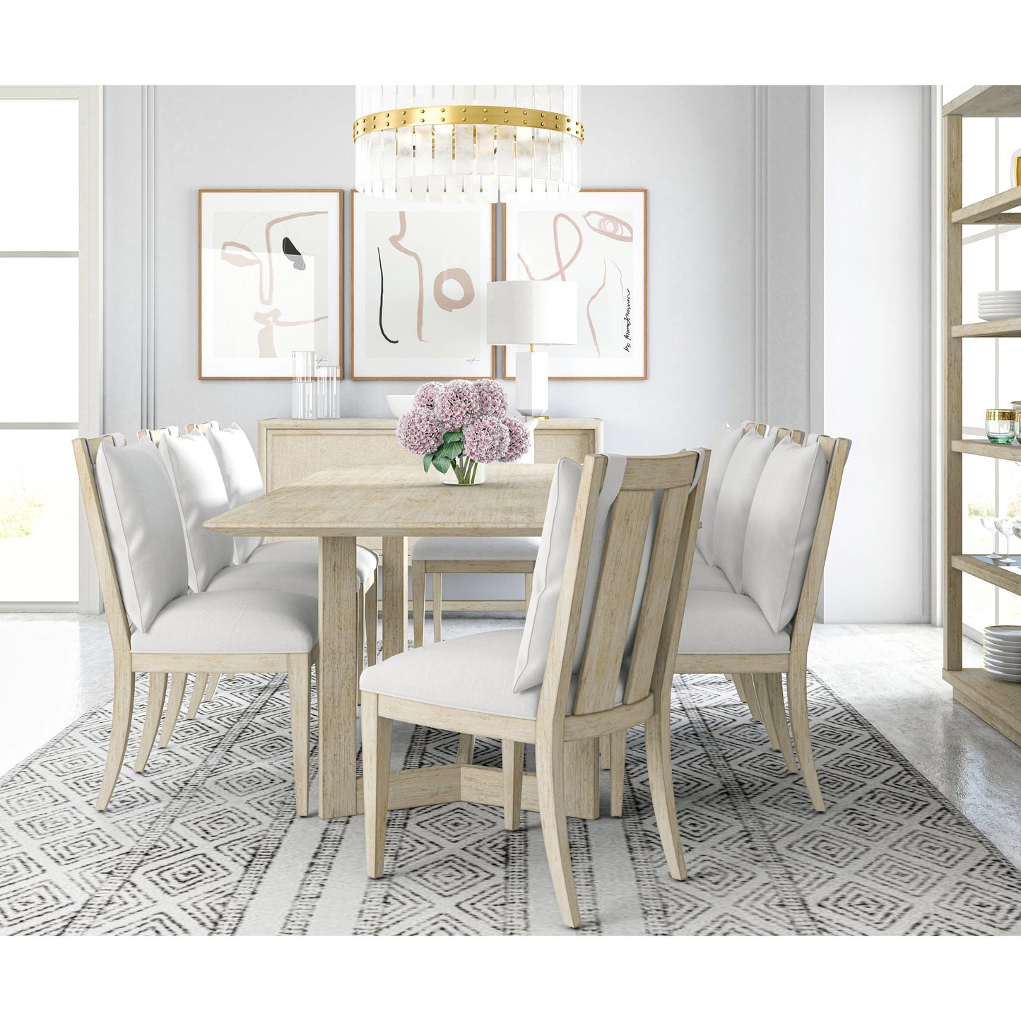 004 SI-2064984 | Lifestyle | Cotiere Rectangular Dining Table by A.R.T. Furniture in linen. Made from parawood solids, mixed split cathedral quarter-white oak veneer, terrazzo stone, metal in a modern style.