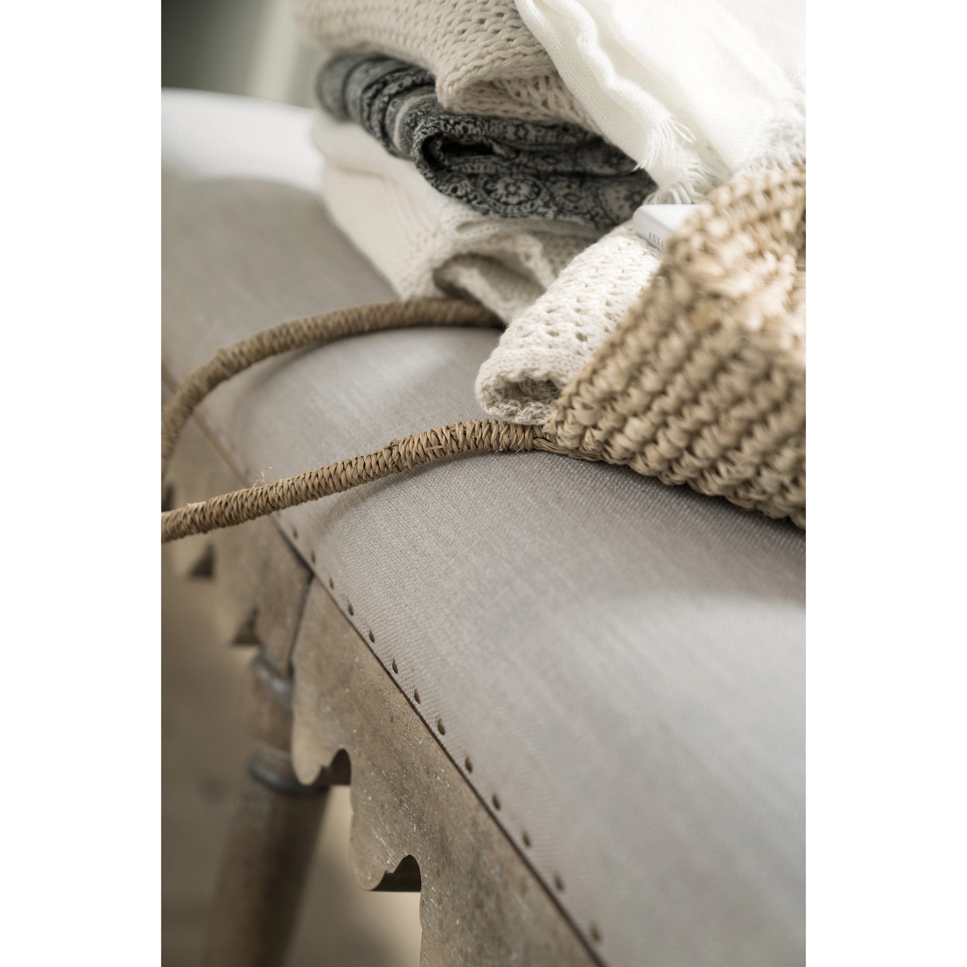 Madera Bed Bench by Hooker Furniture in grey and light brown, soft gray. Made from fabric in a traditional style.