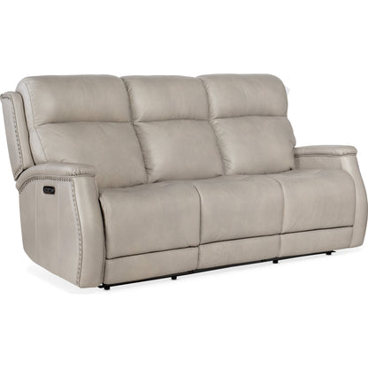 Rhea Zero Gravity Power Recline Sofa by Hooker Furniture in sahara ash. Made from leather in a traditional style.